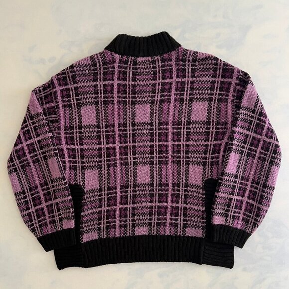 Nine West Purple & Black Plaid Knit Balloon Sleeve Mock Turtleneck Sweater - Picture 2 of 8